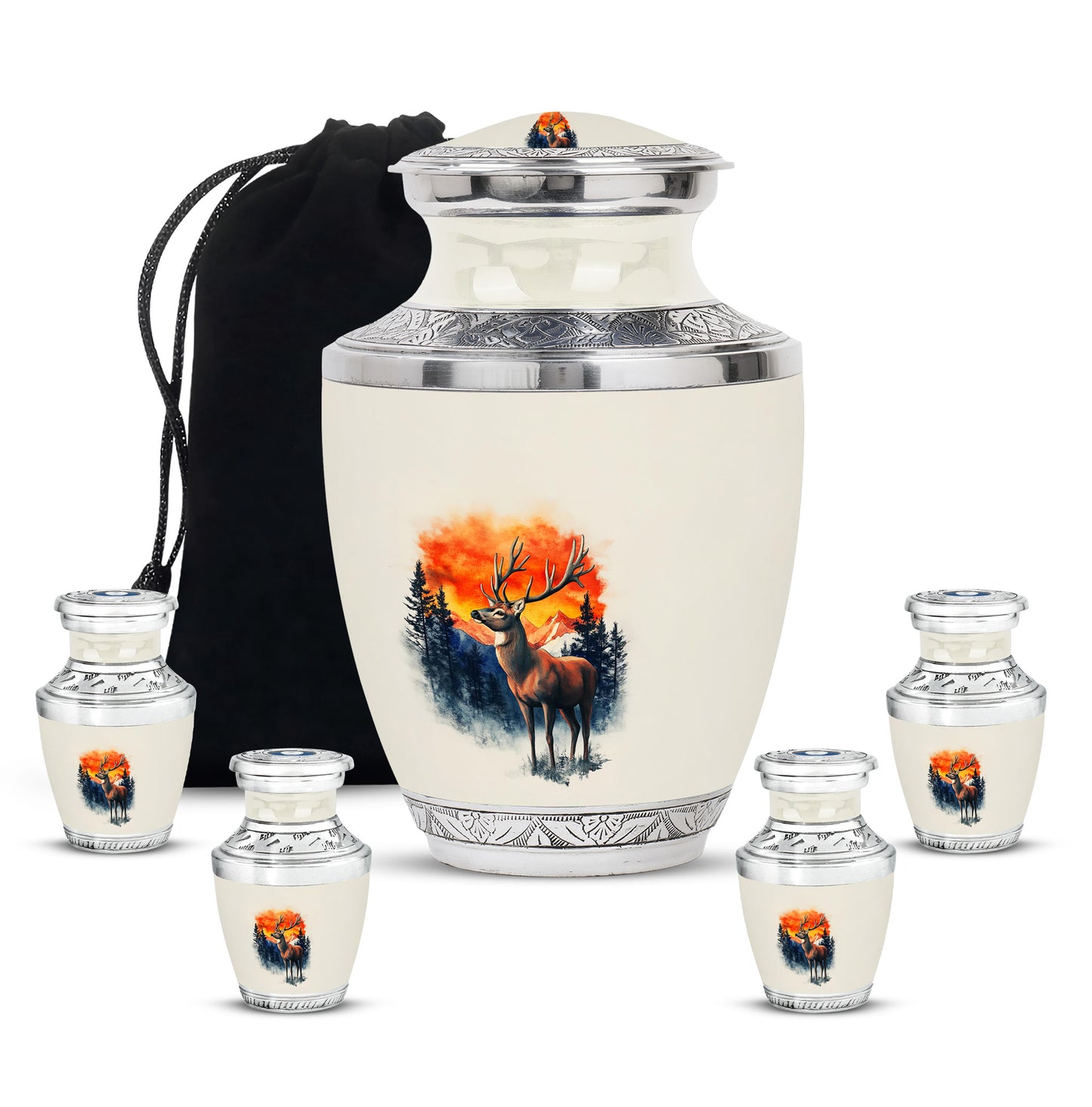 Sterling Silver Deer Cremation Urn lifestyle display on memorial shelf - contemporary deer design with modern artistic flair - memorial set with one large and four small urns
