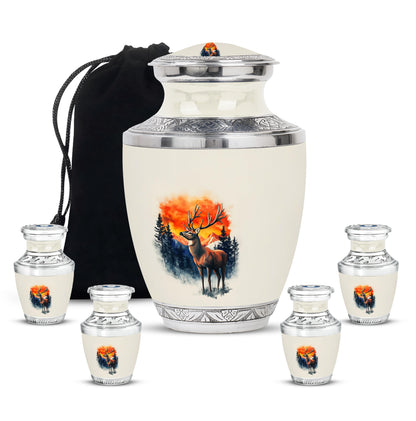 Sterling Silver Deer Cremation Urn lifestyle display on memorial shelf - contemporary deer design with modern artistic flair - memorial set with one large and four small urns