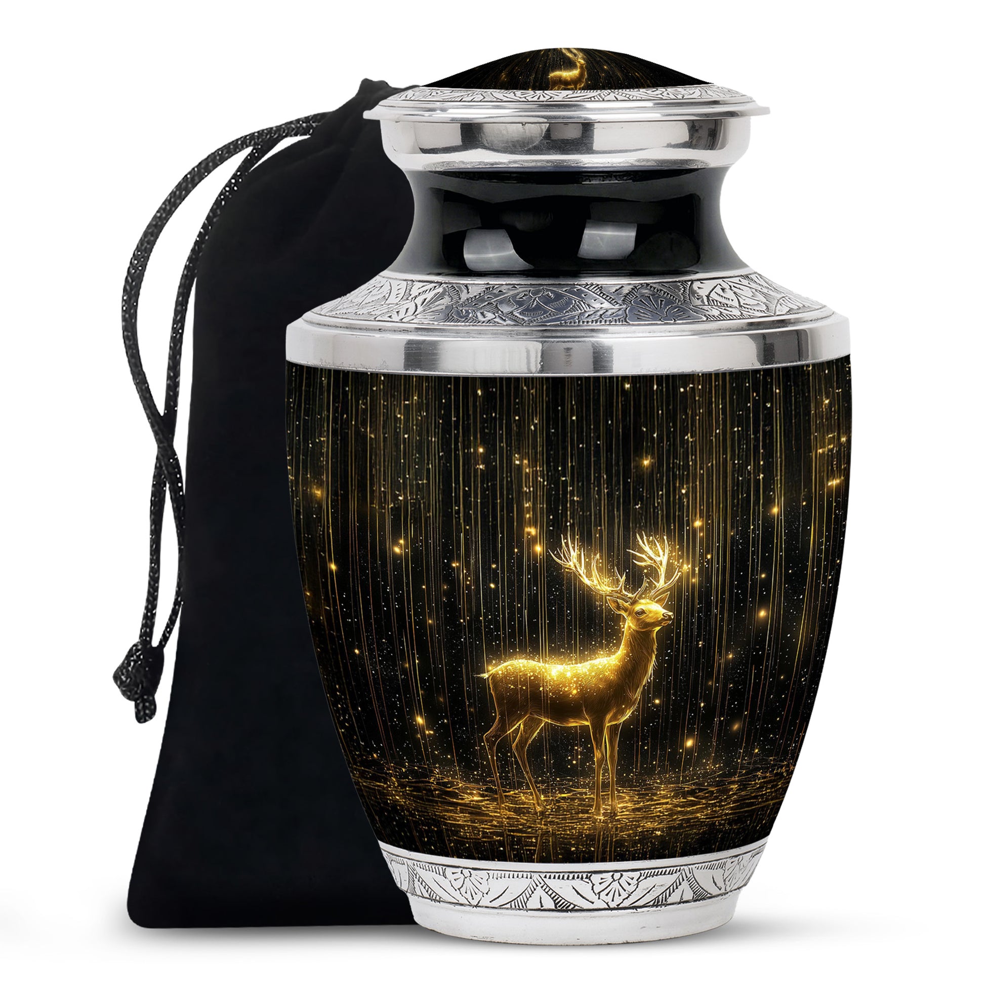 Jet Black Deer Cremation Urn side profile showing urn shape - contemporary deer design with modern artistic flair - full-size 10 inch 200 cubic inch adult cremation urn