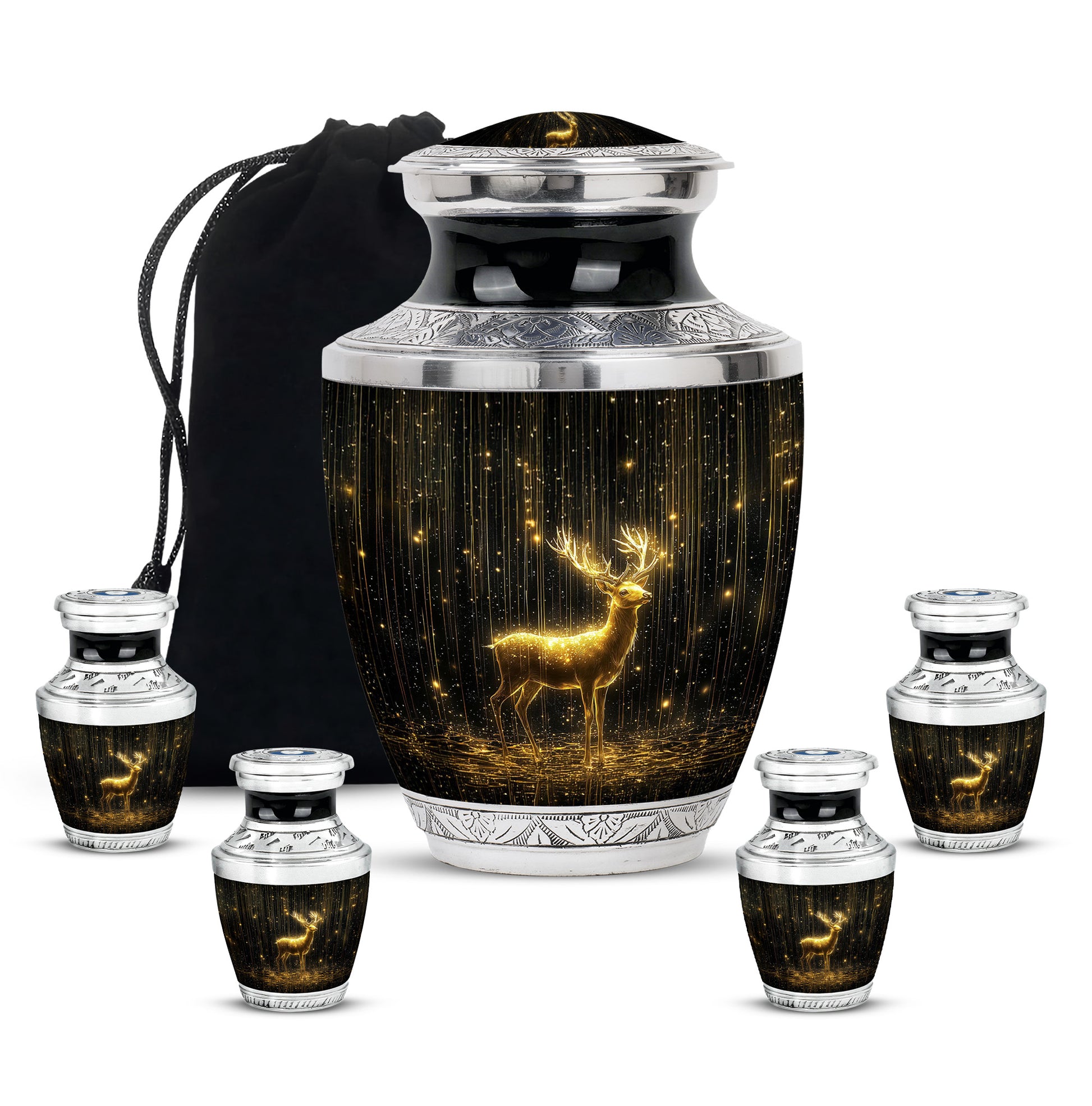 Glossy Black Deer Cremation Urn lifestyle display on memorial shelf - modern art-inspired deer motif on sleek aluminum - memorial set with one large and four small urns