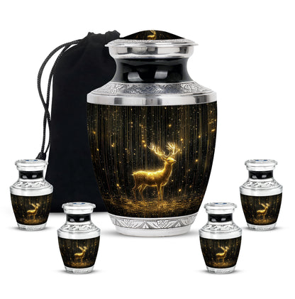 Glossy Black Deer Cremation Urn lifestyle display on memorial shelf - modern art-inspired deer motif on sleek aluminum - memorial set with one large and four small urns
