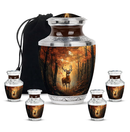 Warm Gold Deer Cremation Urn lifestyle display on memorial shelf - artistic deer interpretation with creative detail - memorial set with one large and four small urns