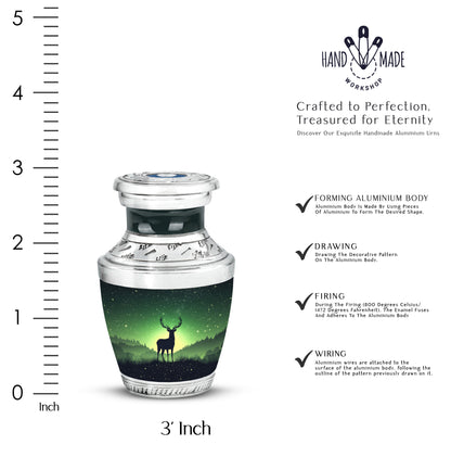 Jade Green Deer Cremation Urn top-down view of secure threaded lid - modern art-inspired deer motif on sleek aluminum - mini keepsake memorial for portion of cremation ashes