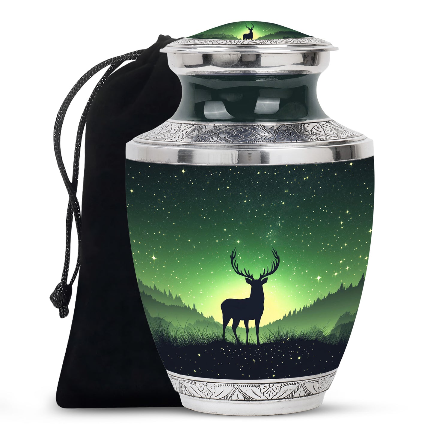 Moss Green Deer Cremation Urn side profile showing urn shape - modern art-inspired deer motif on sleek aluminum - full-size 10 inch 200 cubic inch adult cremation urn