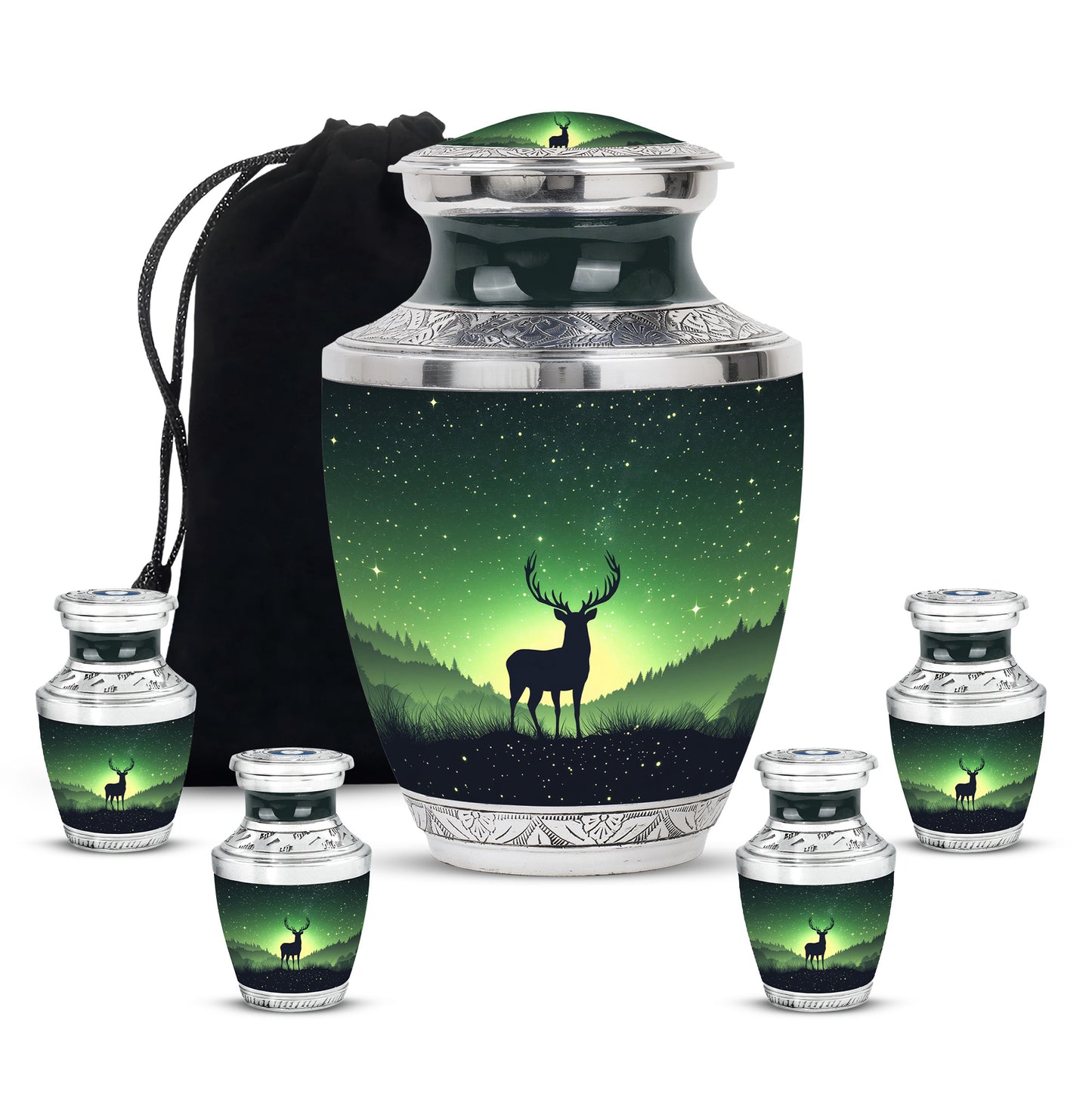 Jade Green Deer Cremation Urn lifestyle display on memorial shelf - modern art-inspired deer motif on sleek aluminum - memorial set with one large and four small urns