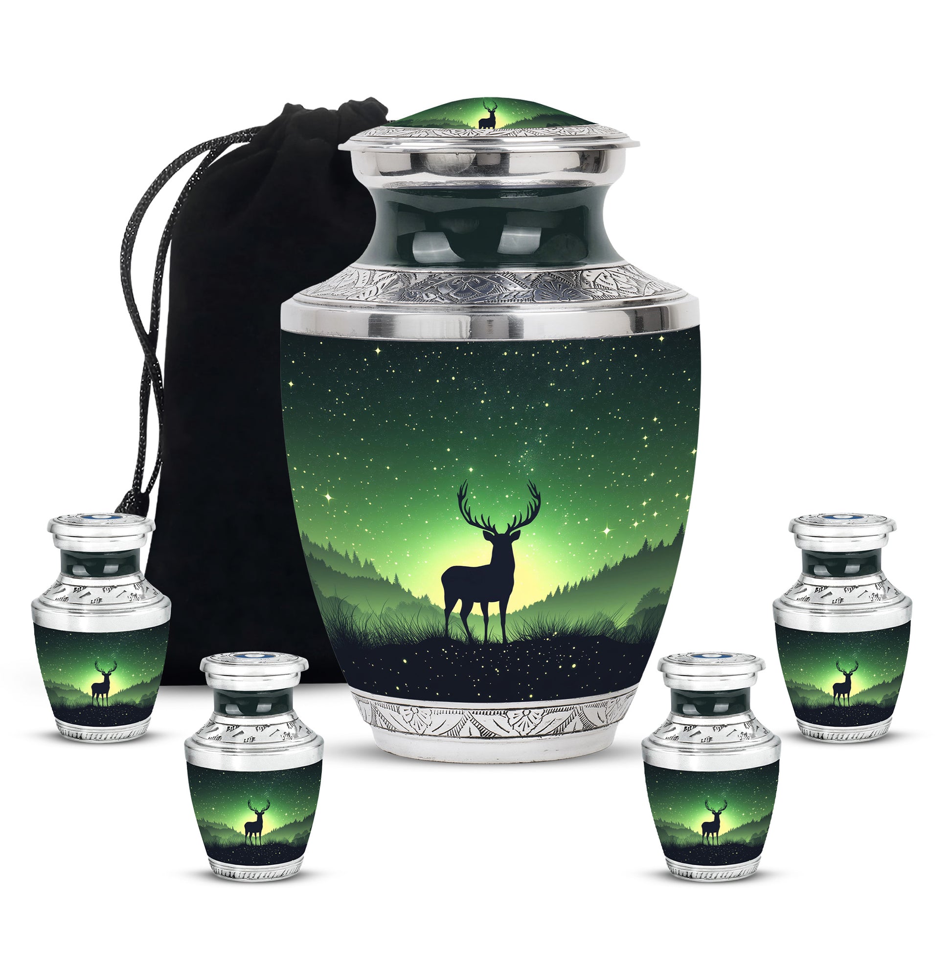 Jade Green Deer Cremation Urn lifestyle display on memorial shelf - modern art-inspired deer motif on sleek aluminum - memorial set with one large and four small urns