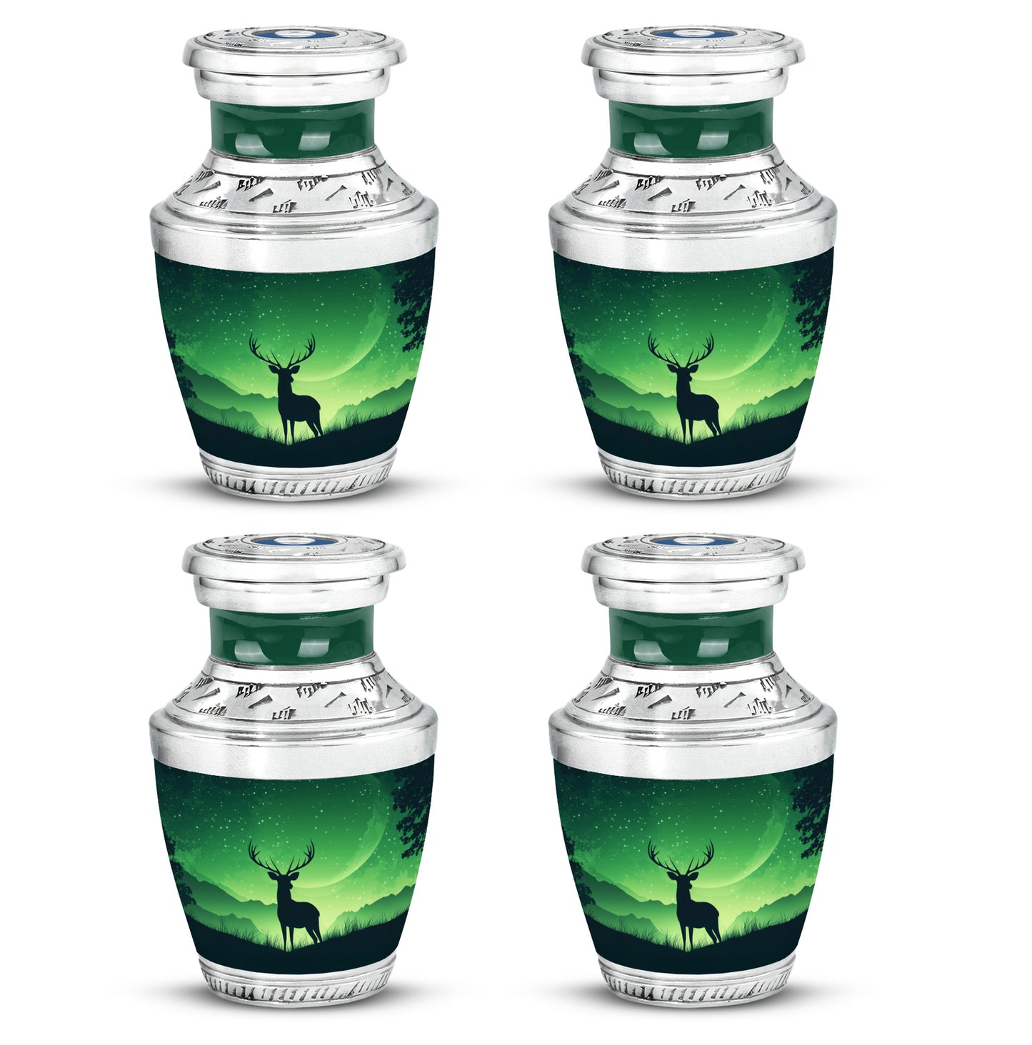 Pine Green Deer Cremation Urn back view with polished surface - artistic deer interpretation with creative detail - 10 inch aluminum urn for cremated remains