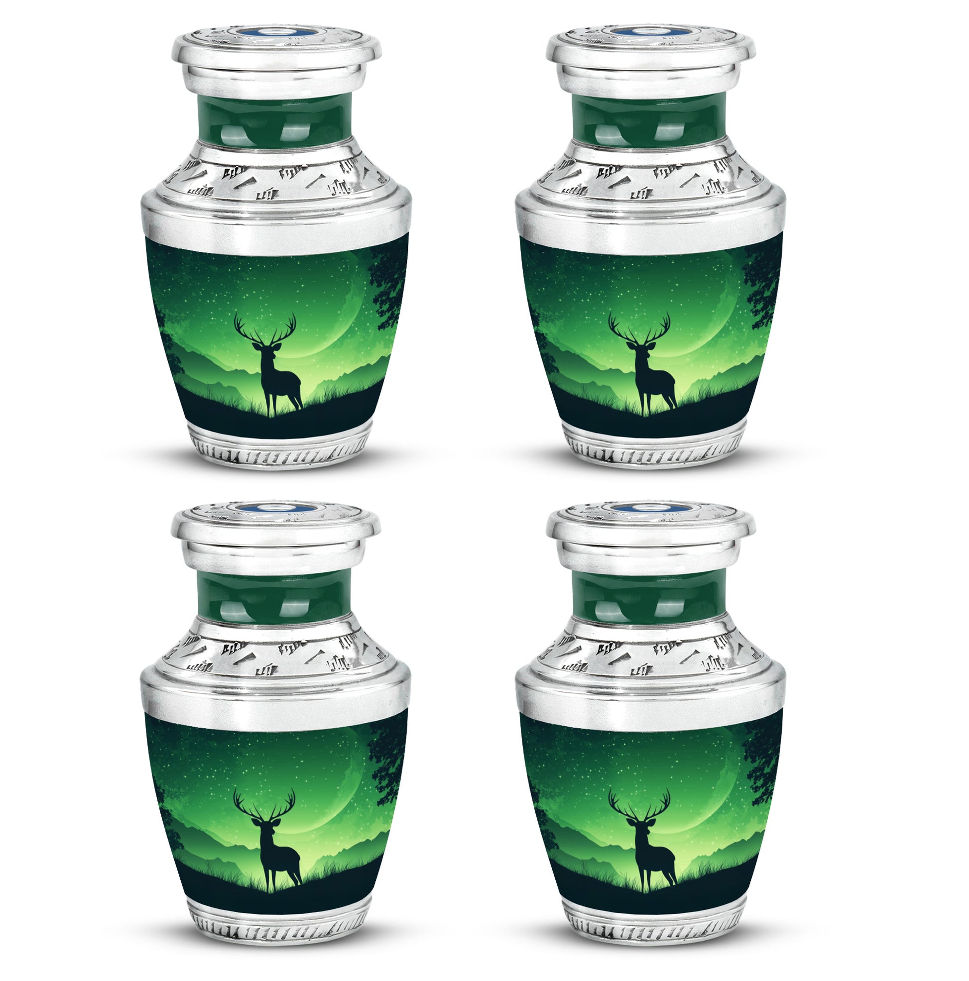 Pine Green Deer Cremation Urn back view with polished surface - artistic deer interpretation with creative detail - 10 inch aluminum urn for cremated remains
