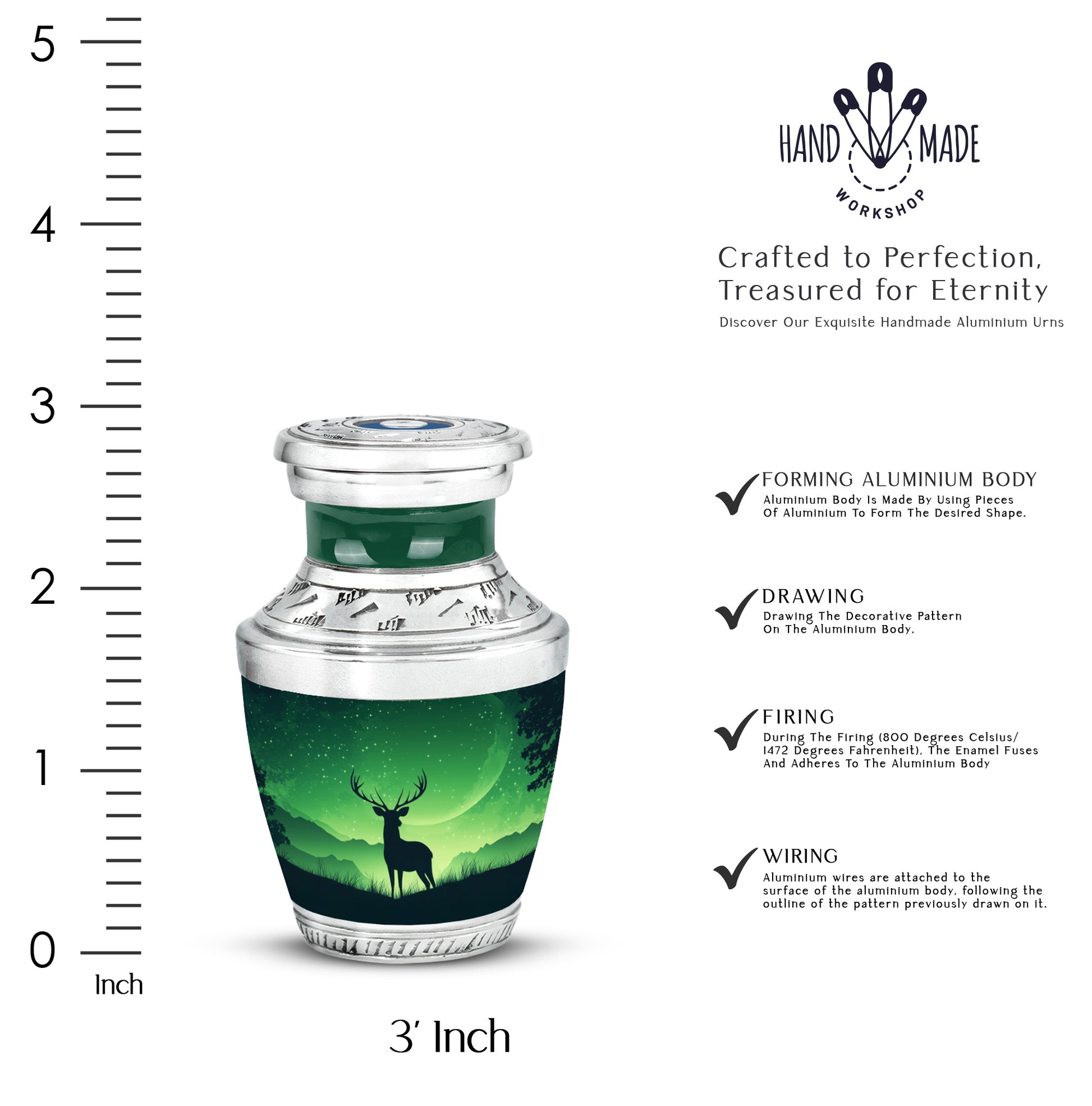 Emerald Green Deer Cremation Urn top-down view of secure threaded lid - modern art-inspired deer motif on sleek aluminum - mini keepsake memorial for portion of cremation ashes