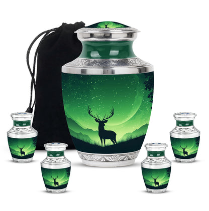 Olive Green Deer Cremation Urn lifestyle display on memorial shelf - stylized abstract deer pattern with bold lines - memorial set with one large and four small urns