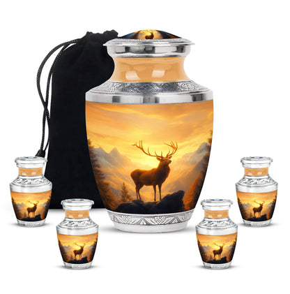 Harvest Gold Deer Cremation Urn lifestyle display on memorial shelf - stylized abstract deer pattern with bold lines - memorial set with one large and four small urns