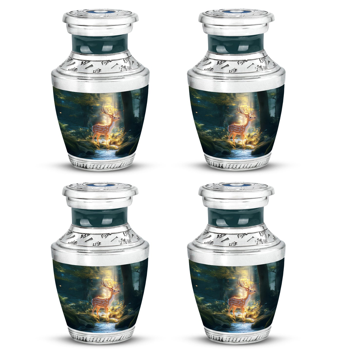 Sea Green Teal Deer Cremation Urn back view with polished surface - modern art-inspired deer motif on sleek aluminum - 10 inch aluminum urn for cremated remains