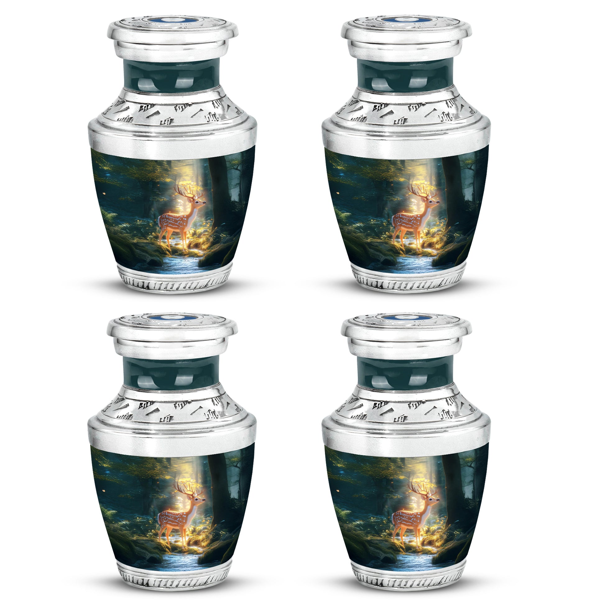 Sea Green Teal Deer Cremation Urn back view with polished surface - modern art-inspired deer motif on sleek aluminum - 10 inch aluminum urn for cremated remains