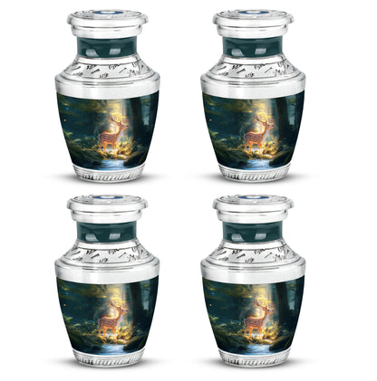 Sea Green Teal Deer Cremation Urn back view with polished surface - modern art-inspired deer motif on sleek aluminum - 10 inch aluminum urn for cremated remains