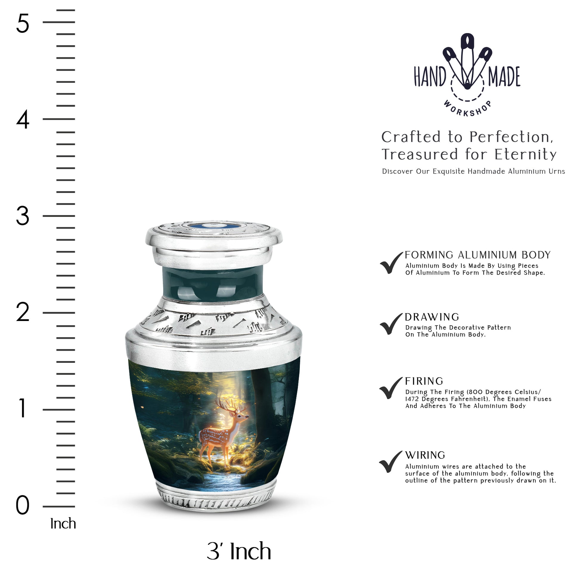 Cool Teal Deer Cremation Urn top-down view of secure threaded lid - modern art-inspired deer motif on sleek aluminum - mini keepsake memorial for portion of cremation ashes