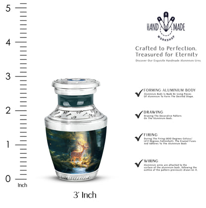 Cool Teal Deer Cremation Urn top-down view of secure threaded lid - modern art-inspired deer motif on sleek aluminum - mini keepsake memorial for portion of cremation ashes