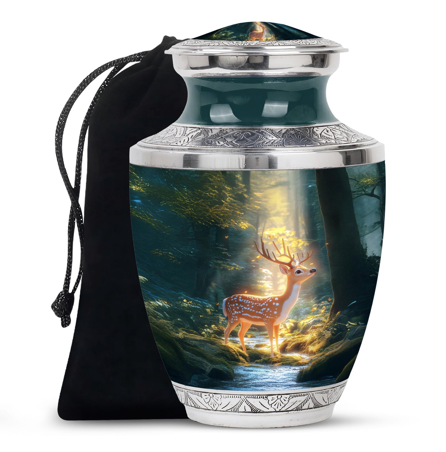 Jewel Teal Deer Cremation Urn side profile showing urn shape - modern art-inspired deer motif on sleek aluminum - full-size 10 inch 200 cubic inch adult cremation urn