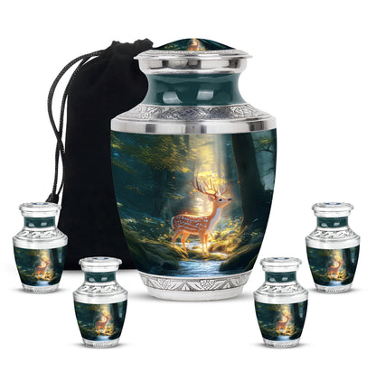 Tropical Teal Deer Cremation Urn lifestyle display on memorial shelf - stylized abstract deer pattern with bold lines - memorial set with one large and four small urns