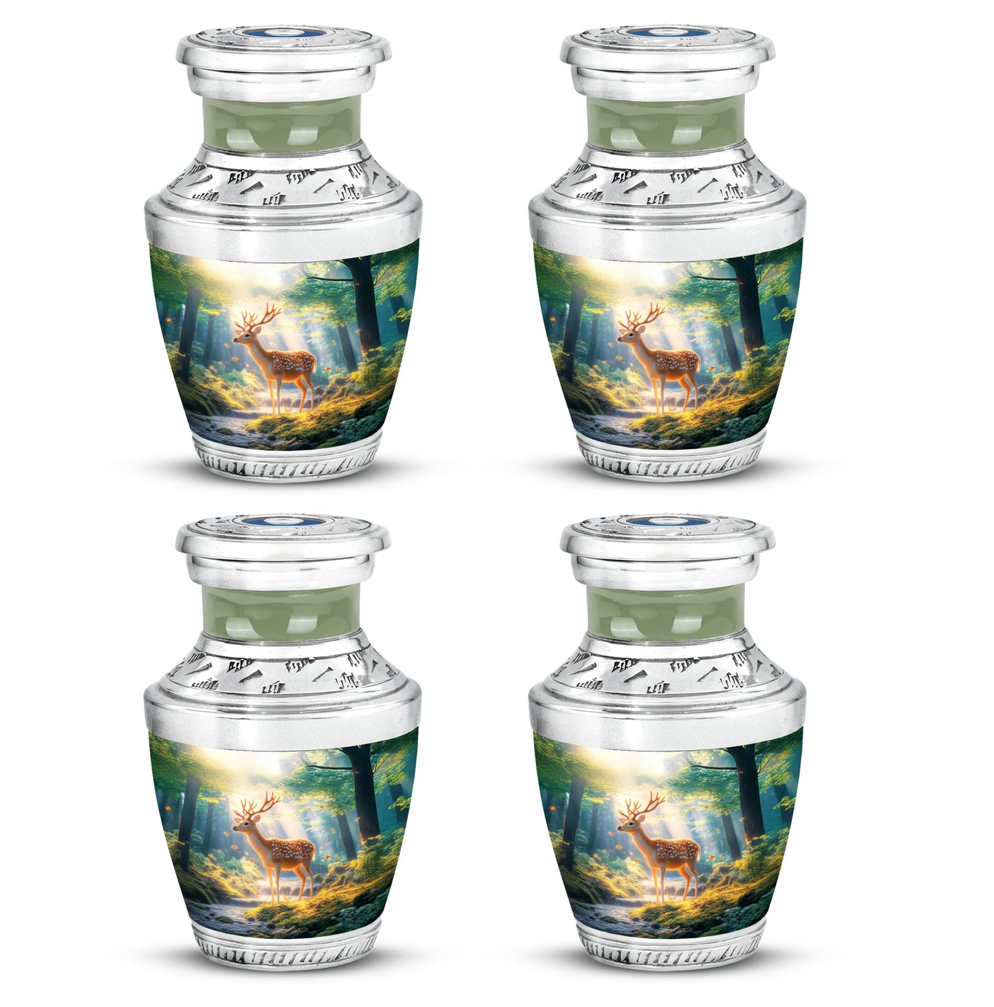 Bright Blue Deer Cremation Urn back view with polished surface - artistic deer interpretation with creative detail - 10 inch aluminum urn for cremated remains