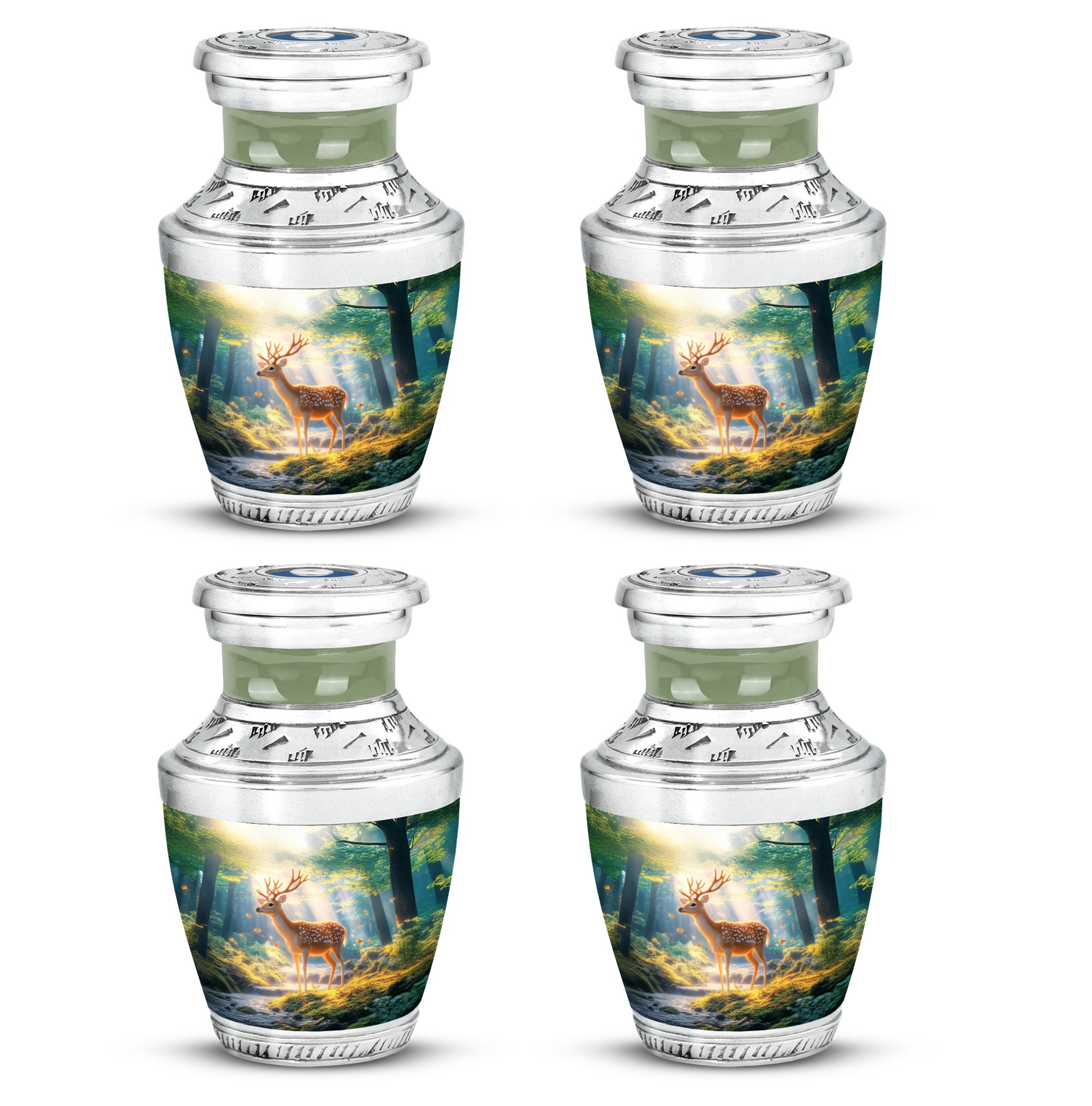 Bright Blue Deer Cremation Urn back view with polished surface - artistic deer interpretation with creative detail - 10 inch aluminum urn for cremated remains