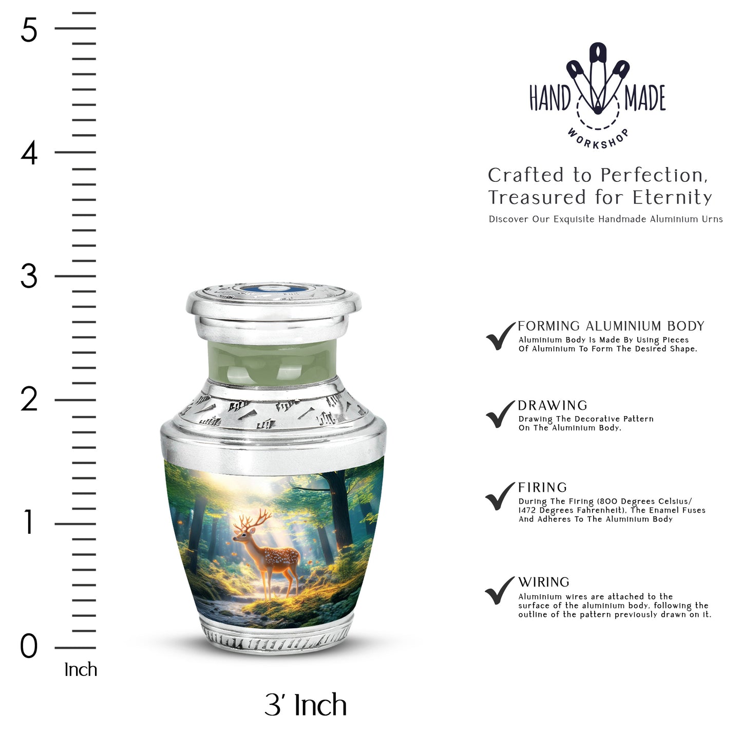 Dusty Blue Deer Cremation Urn top-down view of secure threaded lid - contemporary deer design with modern artistic flair - mini keepsake memorial for portion of cremation ashes