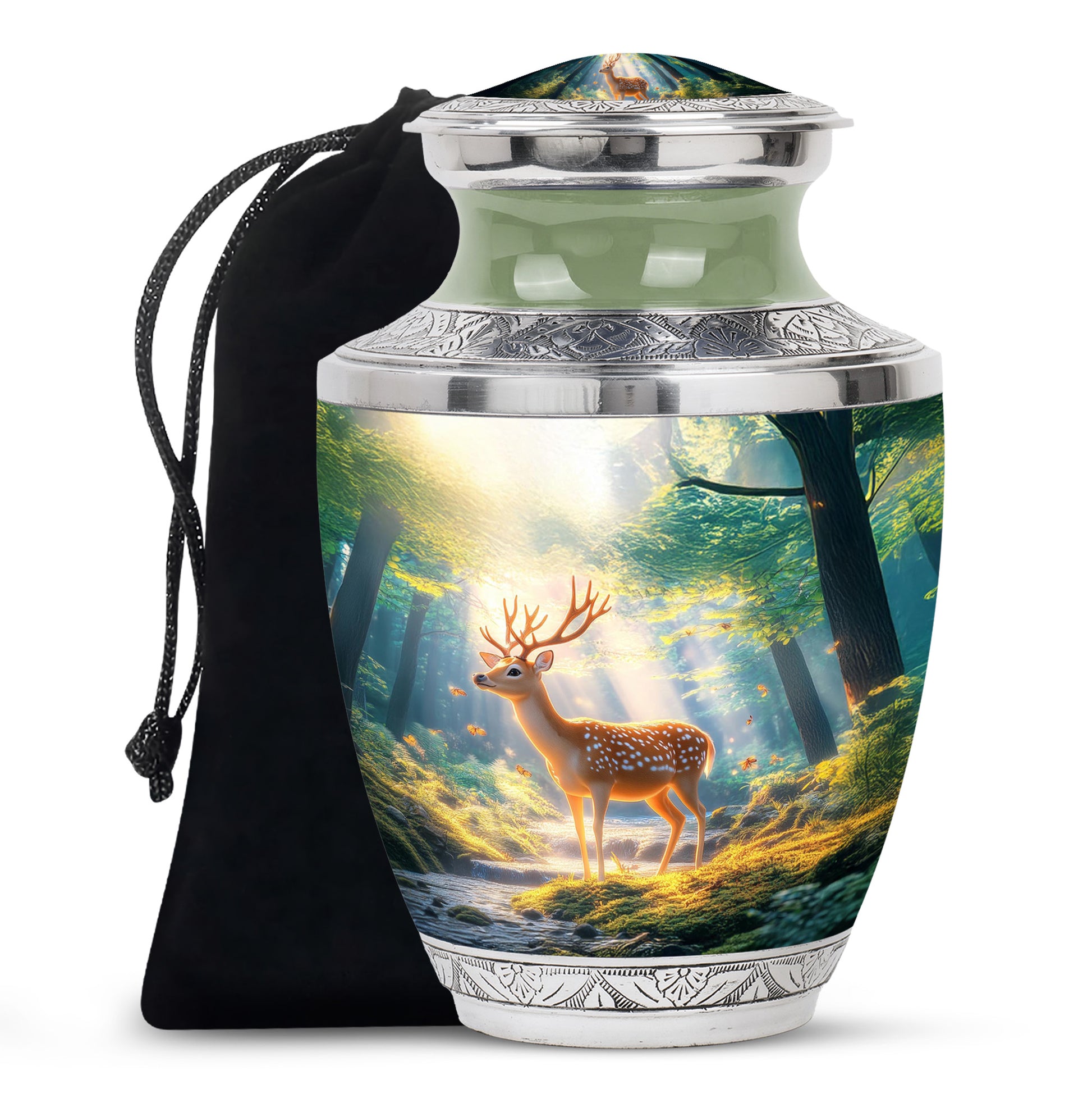 Twilight Blue Deer Cremation Urn side profile showing urn shape - artistic deer interpretation with creative detail - full-size 10 inch 200 cubic inch adult cremation urn