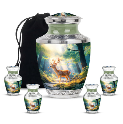 Serene Blue Deer Cremation Urn lifestyle display on memorial shelf - stylized abstract deer pattern with bold lines - memorial set with one large and four small urns