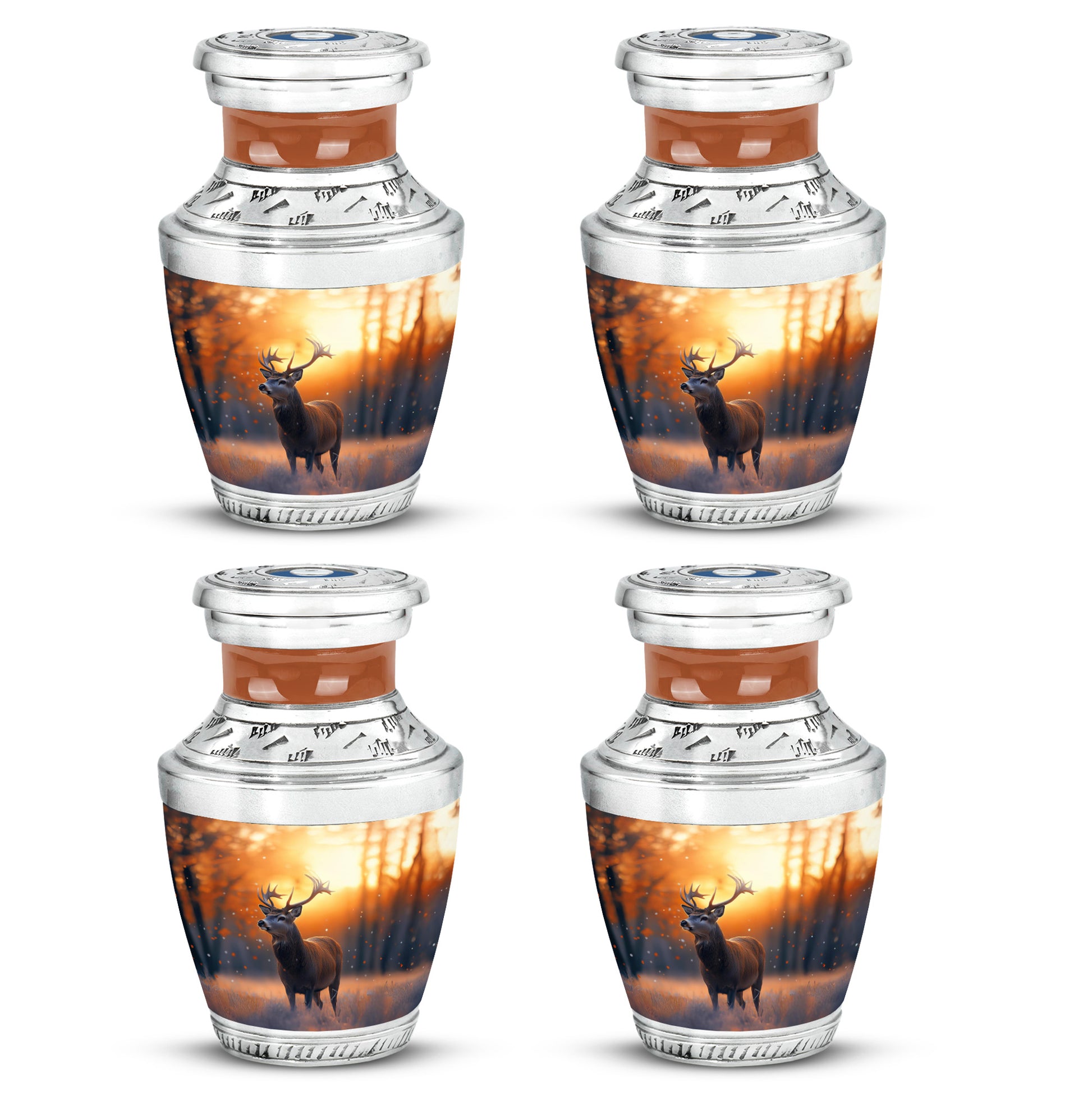 Royal Gold Deer Cremation Urn back view with polished surface - stylized abstract deer pattern with bold lines - 10 inch aluminum urn for cremated remains