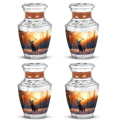 Royal Gold Deer Cremation Urn back view with polished surface - stylized abstract deer pattern with bold lines - 10 inch aluminum urn for cremated remains