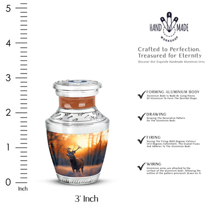Burnished Gold Deer Cremation Urn top-down view of secure threaded lid - artistic deer interpretation with creative detail - mini keepsake memorial for portion of cremation ashes