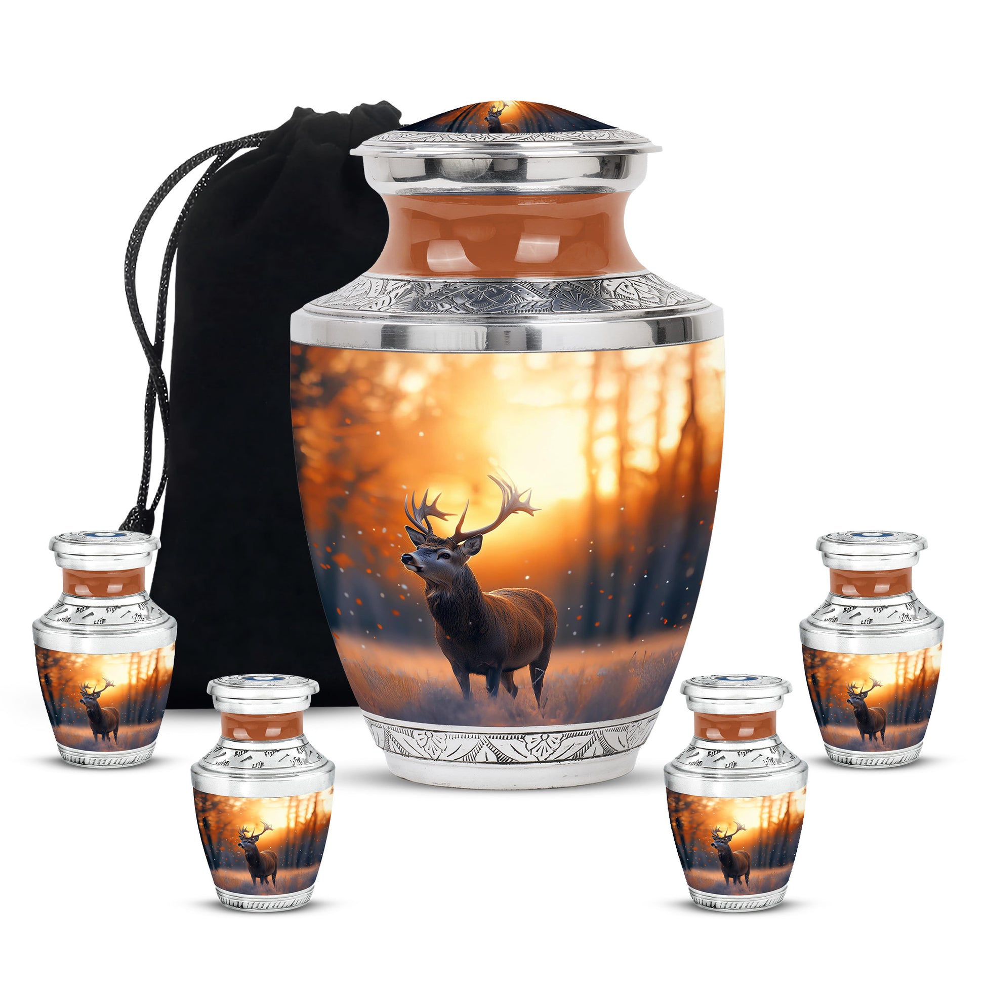Burnished Gold Deer Cremation Urn lifestyle display on memorial shelf - stylized abstract deer pattern with bold lines - memorial set with one large and four small urns