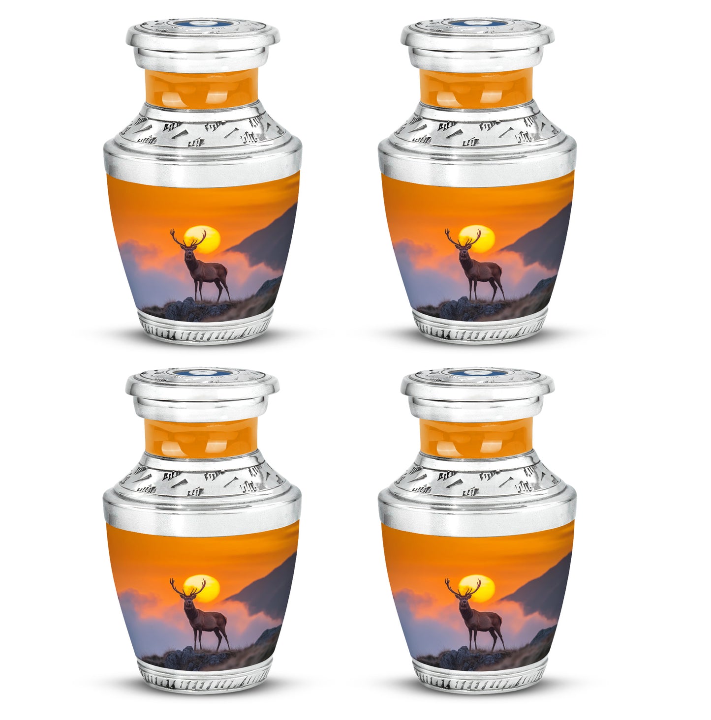 Sunrise Gold Deer Cremation Urn back view with polished surface - modern art-inspired deer motif on sleek aluminum - 10 inch aluminum urn for cremated remains