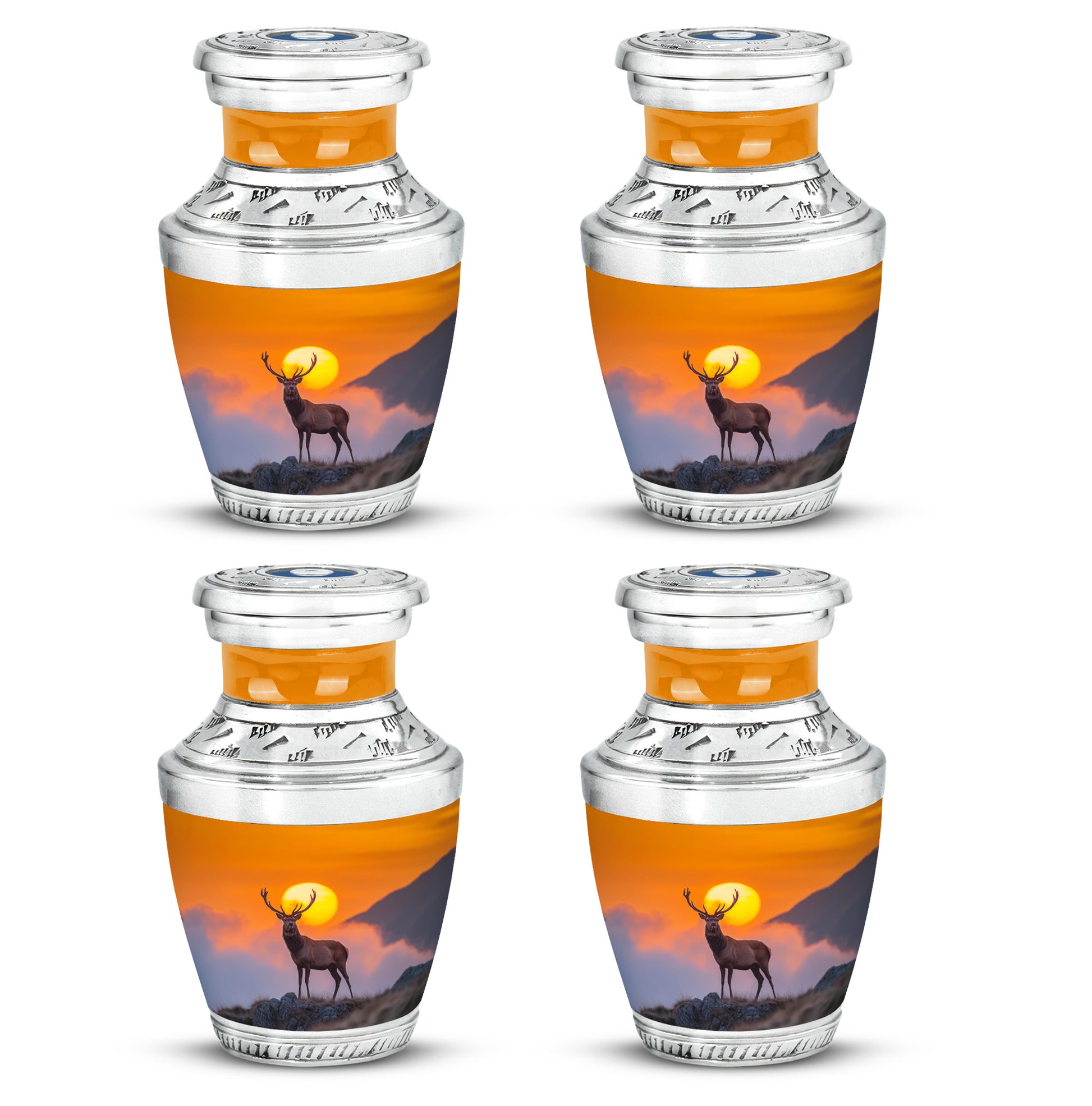 Sunrise Gold Deer Cremation Urn back view with polished surface - modern art-inspired deer motif on sleek aluminum - 10 inch aluminum urn for cremated remains