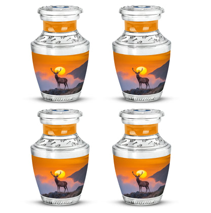 Sunrise Gold Deer Cremation Urn back view with polished surface - modern art-inspired deer motif on sleek aluminum - 10 inch aluminum urn for cremated remains