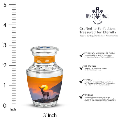 Amber Gold Deer Cremation Urn top-down view of secure threaded lid - modern art-inspired deer motif on sleek aluminum - mini keepsake memorial for portion of cremation ashes