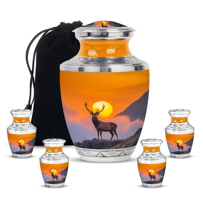 Sunrise Gold Deer Cremation Urn lifestyle display on memorial shelf - modern art-inspired deer motif on sleek aluminum - memorial set with one large and four small urns