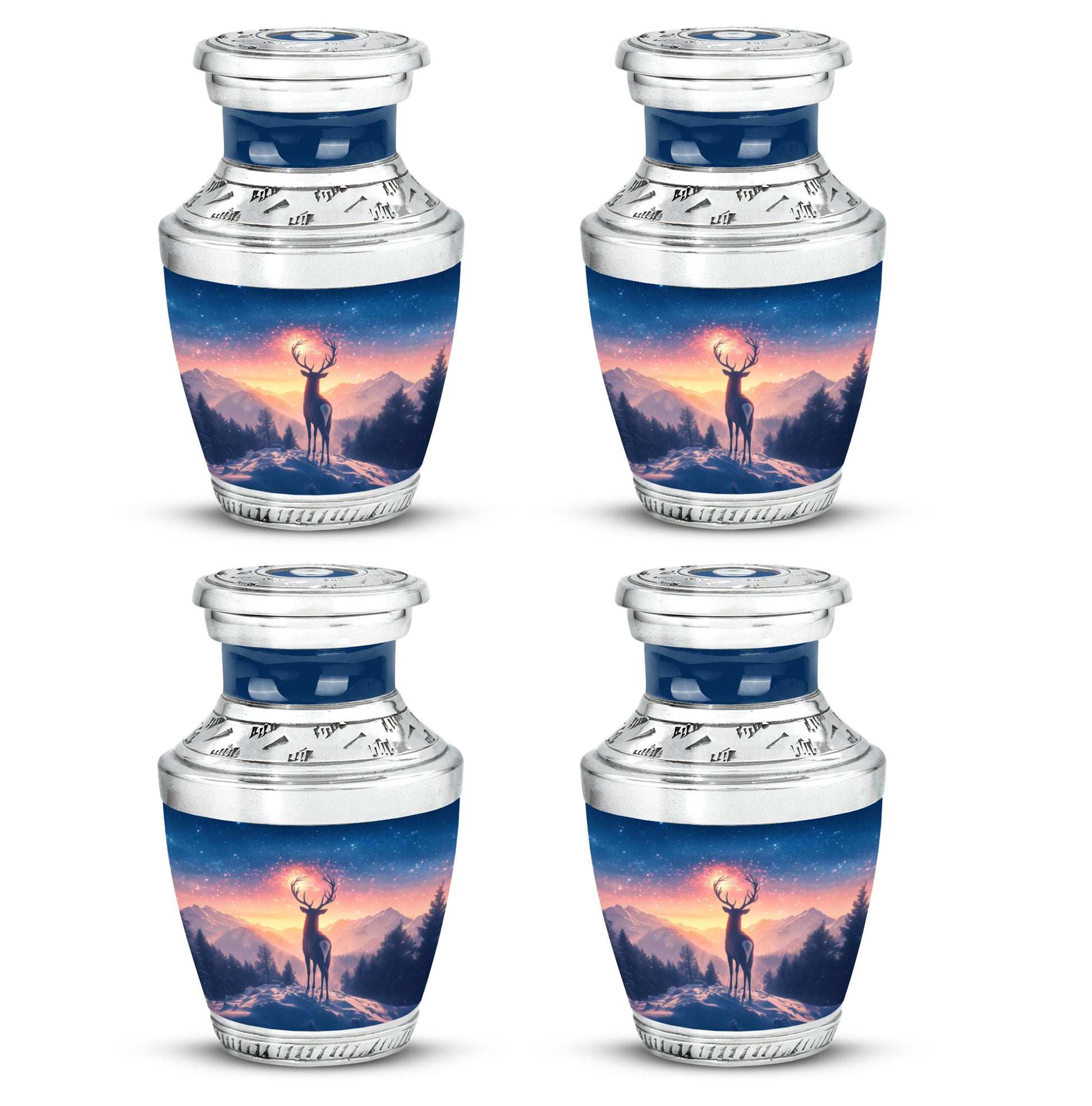 Sapphire Blue Deer Cremation Urn back view with polished surface - artistic deer interpretation with creative detail - 10 inch aluminum urn for cremated remains