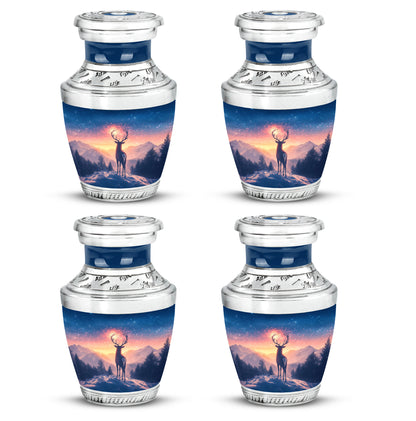 Sapphire Blue Deer Cremation Urn back view with polished surface - artistic deer interpretation with creative detail - 10 inch aluminum urn for cremated remains