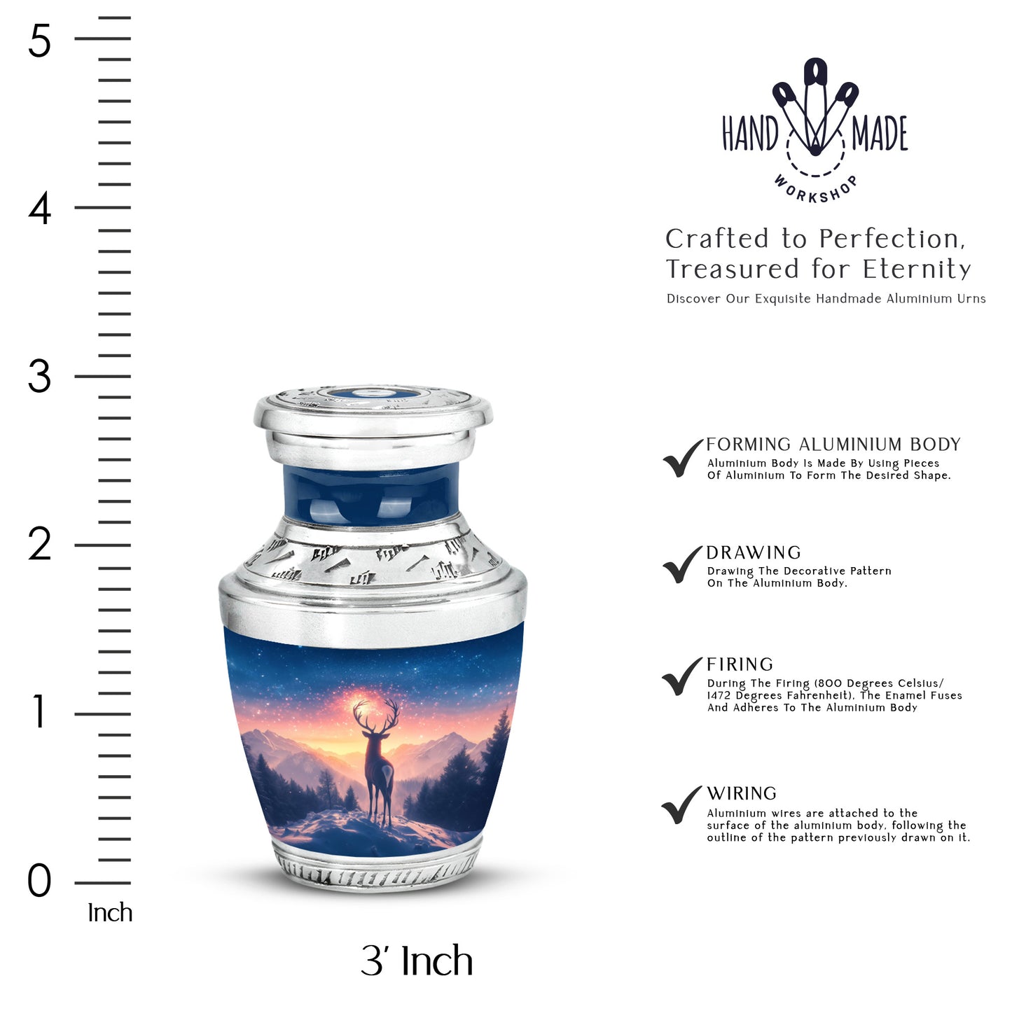 Misty Blue Deer Cremation Urn top-down view of secure threaded lid - modern art-inspired deer motif on sleek aluminum - mini keepsake memorial for portion of cremation ashes
