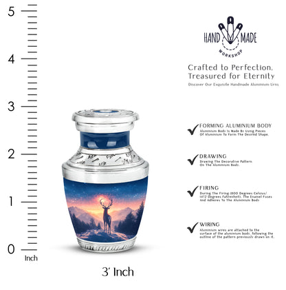 Misty Blue Deer Cremation Urn top-down view of secure threaded lid - modern art-inspired deer motif on sleek aluminum - mini keepsake memorial for portion of cremation ashes