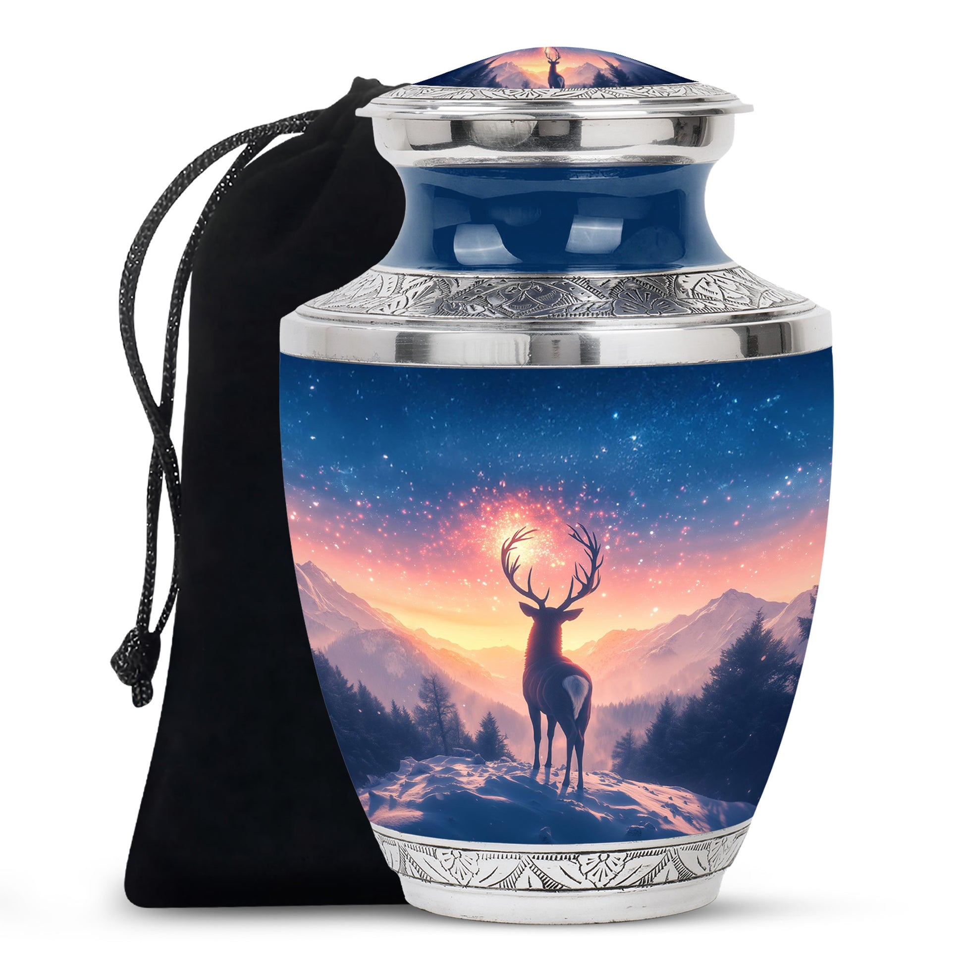 Powder Blue Deer Cremation Urn side profile showing urn shape - modern art-inspired deer motif on sleek aluminum - full-size 10 inch 200 cubic inch adult cremation urn