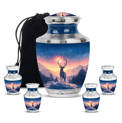 Twilight Blue Deer Cremation Urn lifestyle display on memorial shelf - artistic deer interpretation with creative detail - memorial set with one large and four small urns