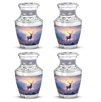 Deep Red Deer Cremation Urn back view with polished surface - modern art-inspired deer motif on sleek aluminum - 10 inch aluminum urn for cremated remains