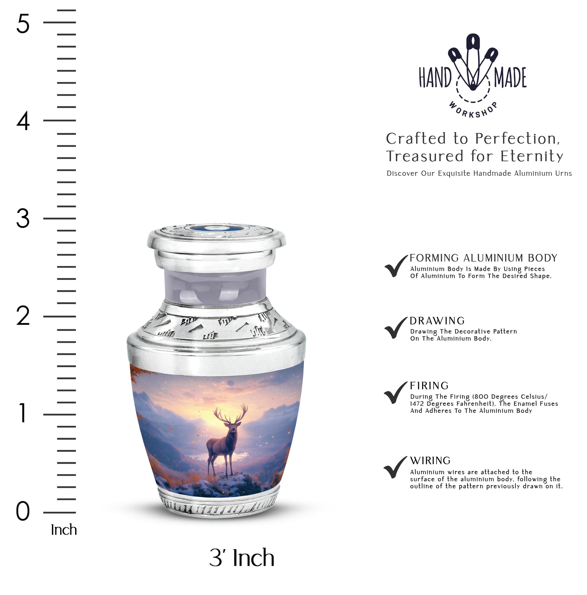 Scarlet Red Deer Cremation Urn top-down view of secure threaded lid - artistic deer interpretation with creative detail - mini keepsake memorial for portion of cremation ashes