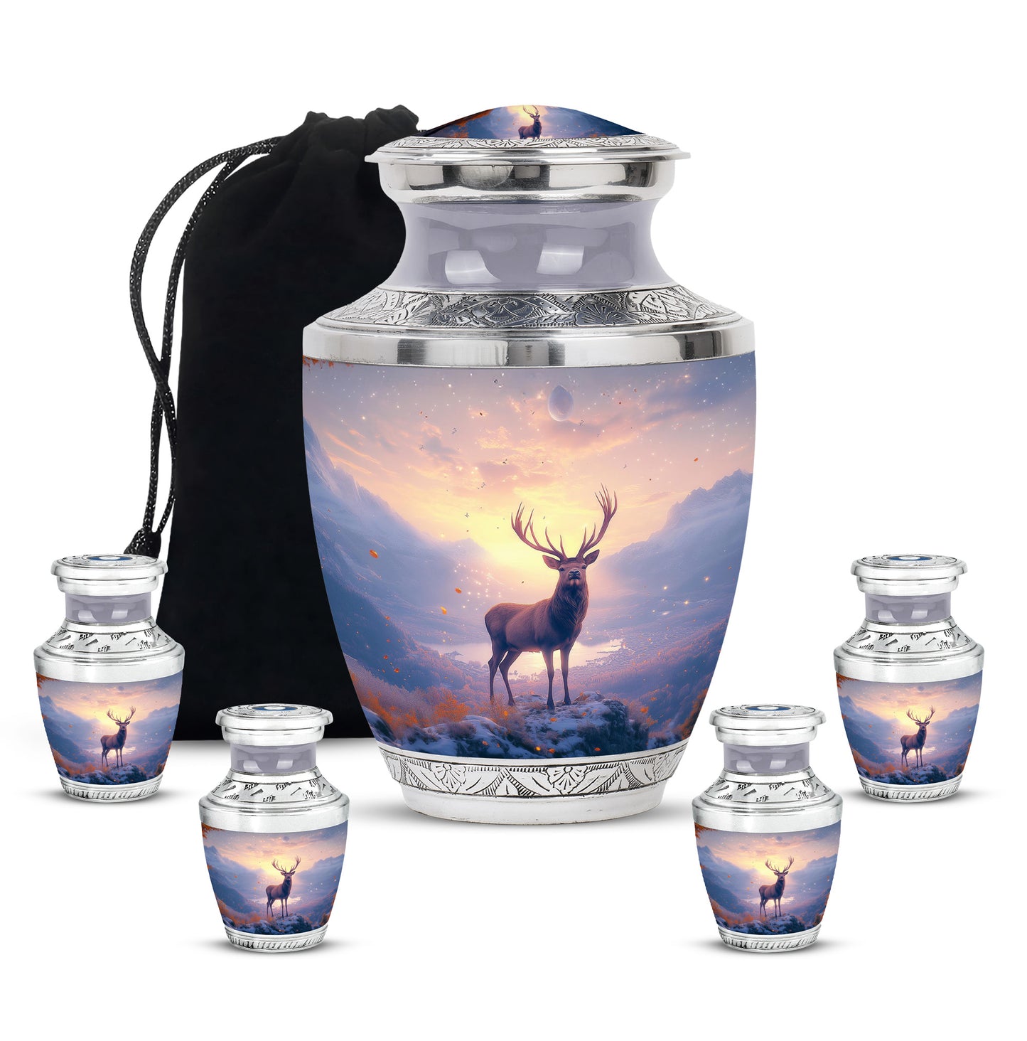 Rich Red Deer Cremation Urn lifestyle display on memorial shelf - artistic deer interpretation with creative detail - memorial set with one large and four small urns