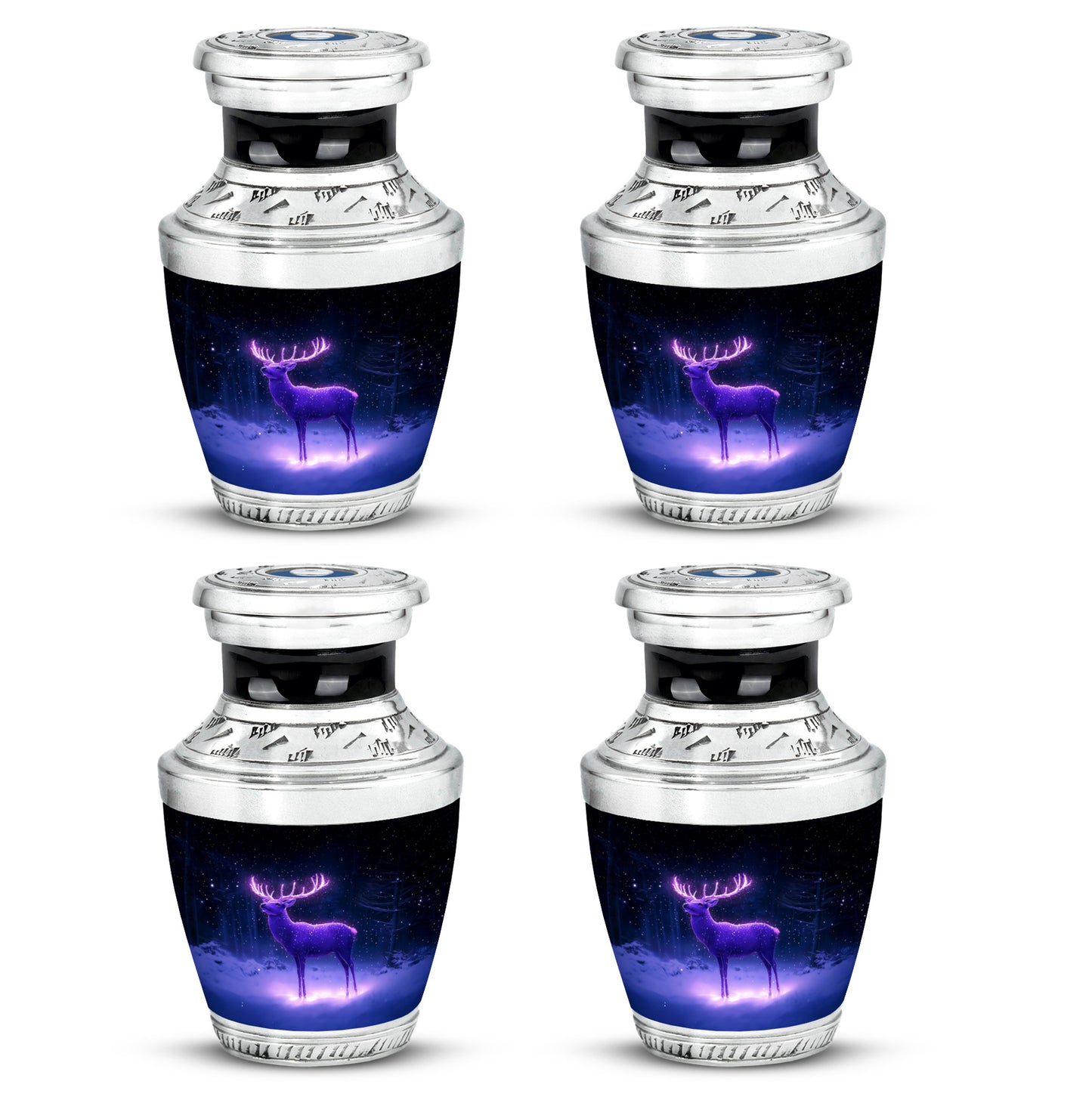 Azure Deer Cremation Urn back view with polished surface - modern art-inspired deer motif on sleek aluminum - 10 inch aluminum urn for cremated remains