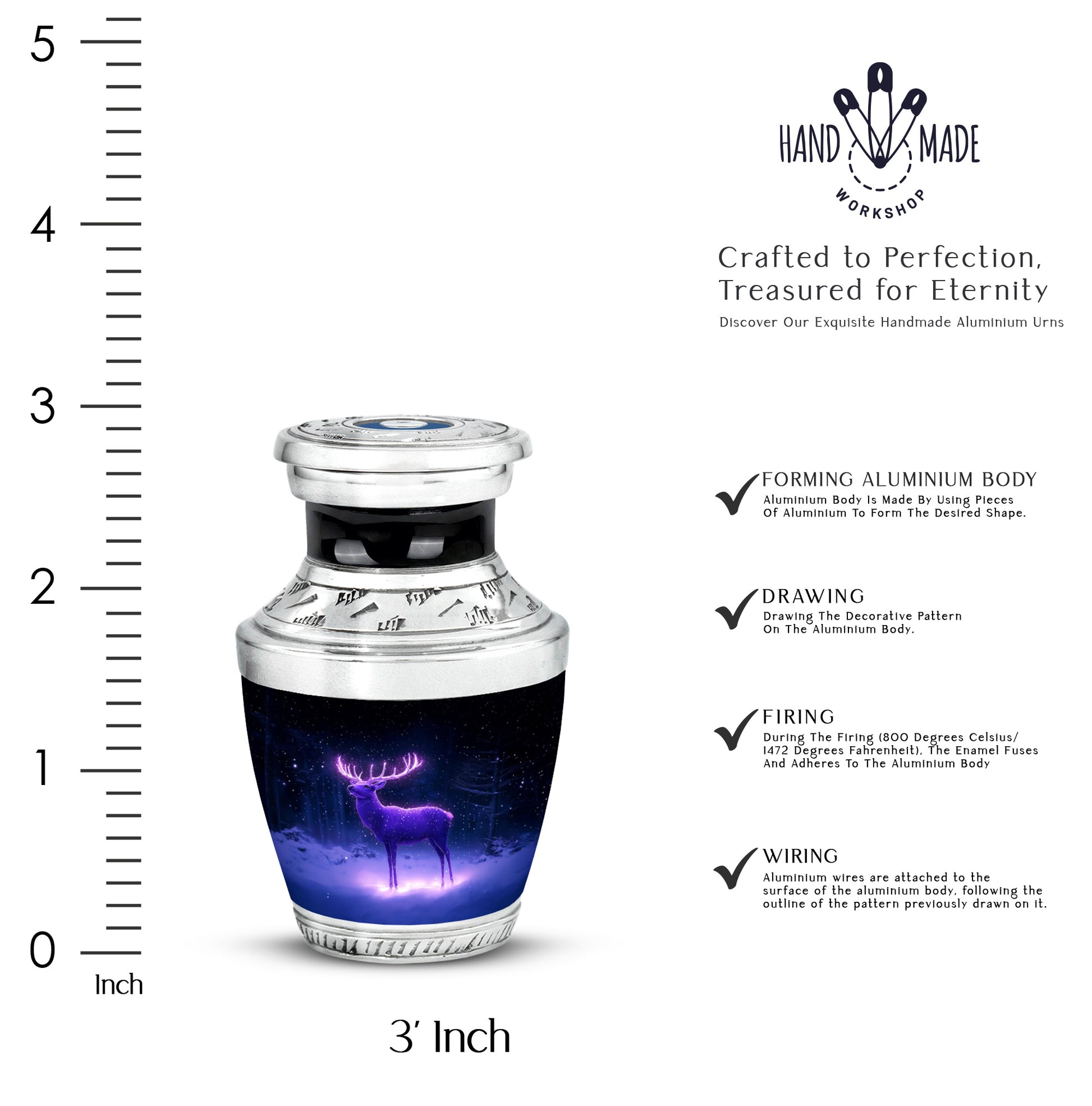 Steel Blue Deer Cremation Urn top-down view of secure threaded lid - stylized abstract deer pattern with bold lines - mini keepsake memorial for portion of cremation ashes