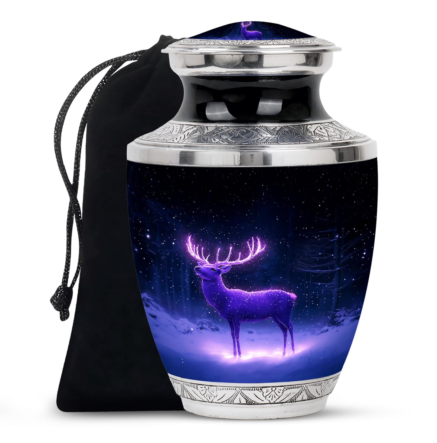 Sapphire Blue Deer Cremation Urn side profile showing urn shape - artistic deer interpretation with creative detail - full-size 10 inch 200 cubic inch adult cremation urn