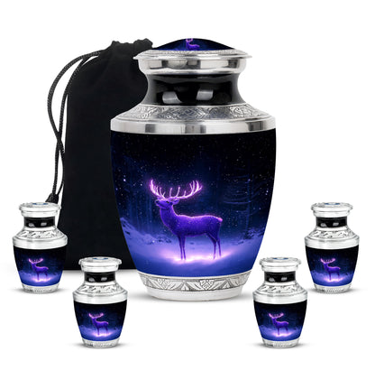 Powder Blue Deer Cremation Urn lifestyle display on memorial shelf - contemporary deer design with modern artistic flair - memorial set with one large and four small urns