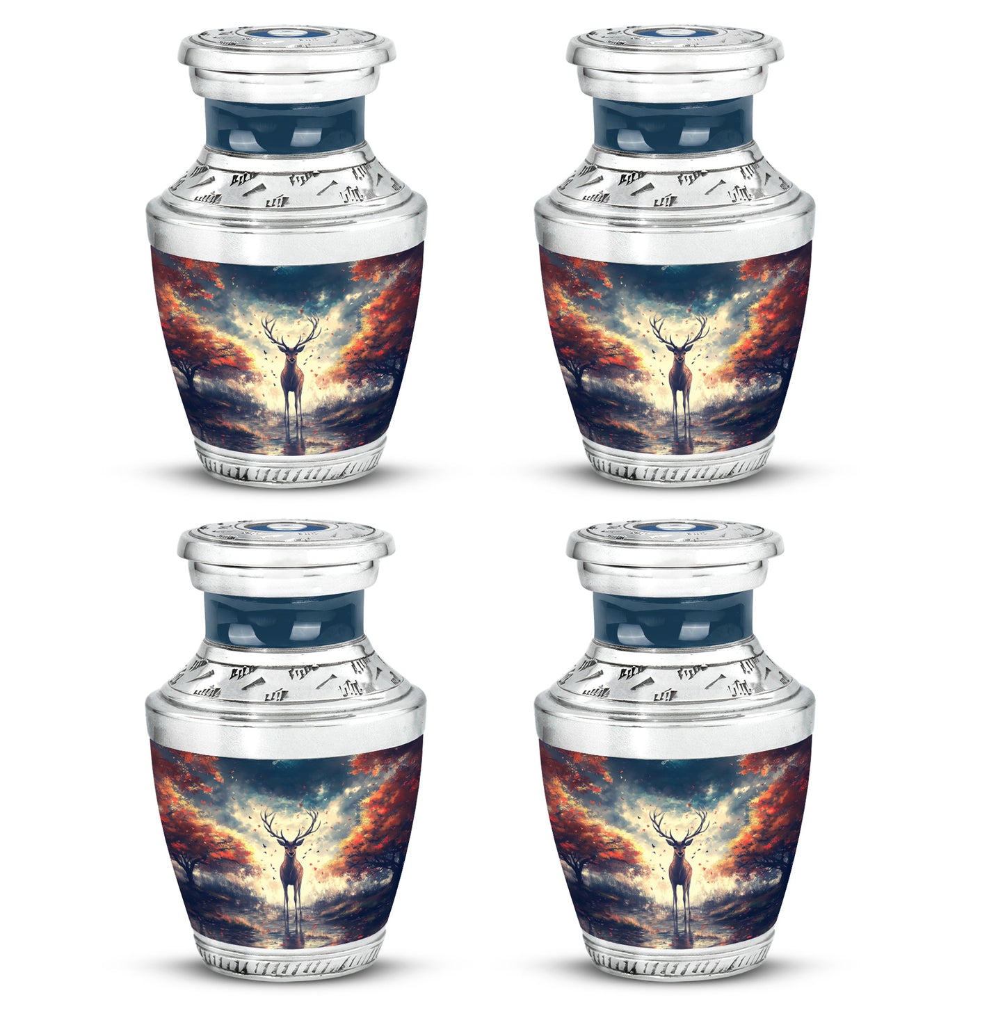 Navy Blue Deer Cremation Urn back view with polished surface - contemporary deer design with modern artistic flair - 10 inch aluminum urn for cremated remains